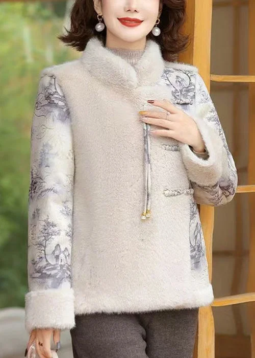 Comfortable Chic Women Beige Button Patchwork Mink Velvet Coats Winter