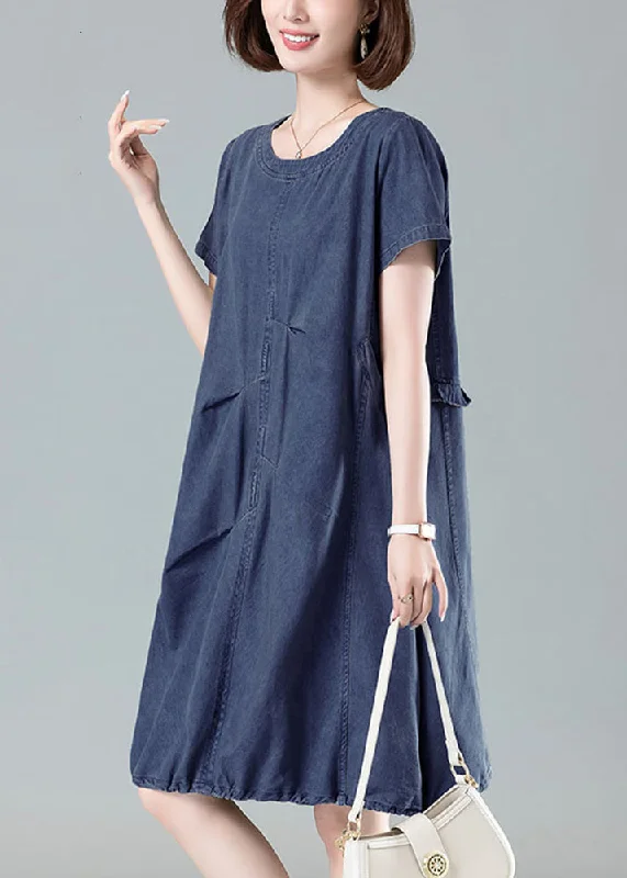 Casual Ease Women Navy Ruffled Drawstring Denim Dresses Summer