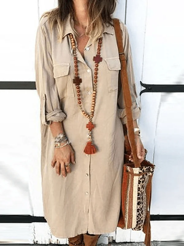 Versatile Style Women Long Adjustable Sleeve Button Turn-Down Collar Long Shirt Dress