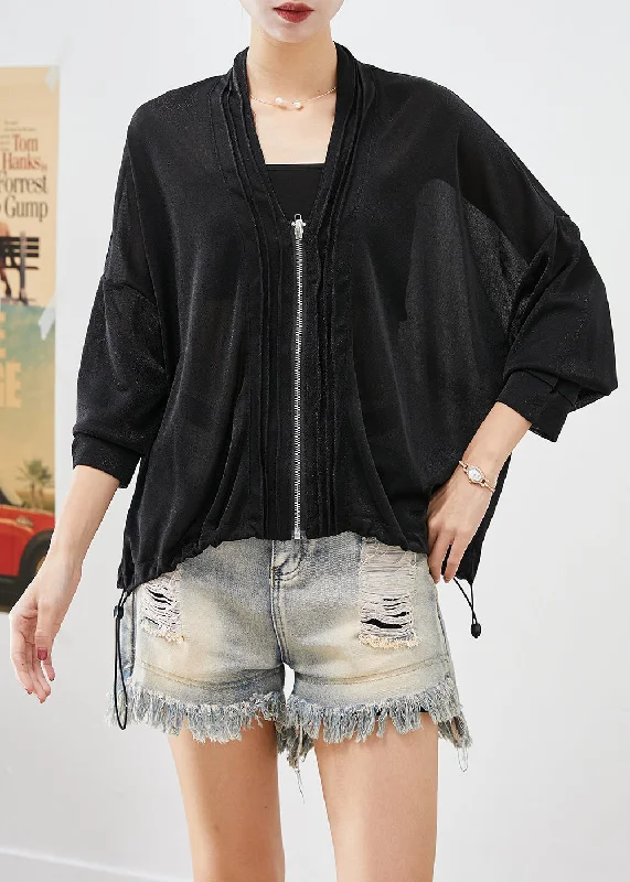 Chic Comfort Wear Plus Size Black V Neck Drawstring Wrinkled UPF 50+ Coat Fall