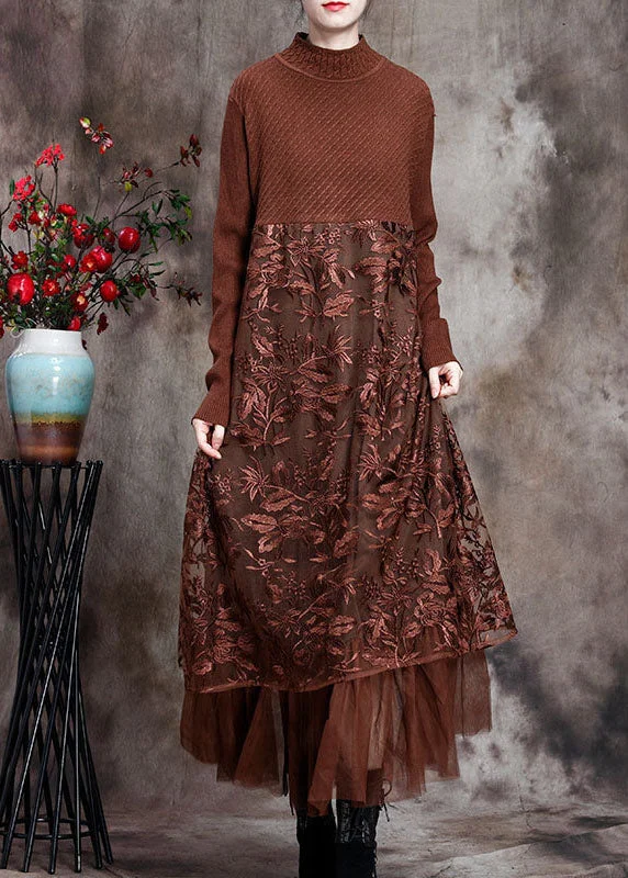 Casual Ease Chocolate O-Neck Embroideried Patchwork Fall Long Knit Dress