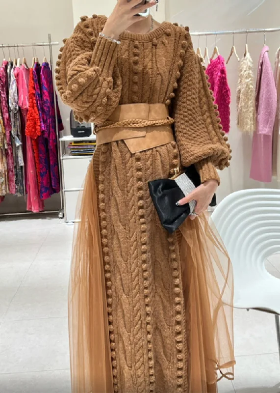 Stylish Jackets Casual Brown O-Neck Tie Waist Tulle Patchwork Knit Long Dress Fall Stylish Jackets Casual Brown O-Neck Tie Waist Tulle Patchwork Knit Long Dress Fall