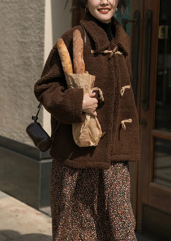 Soft Fabric Looks Plus Size Chocolate Horn Button Thick Cashmere Teddy Coat Winter