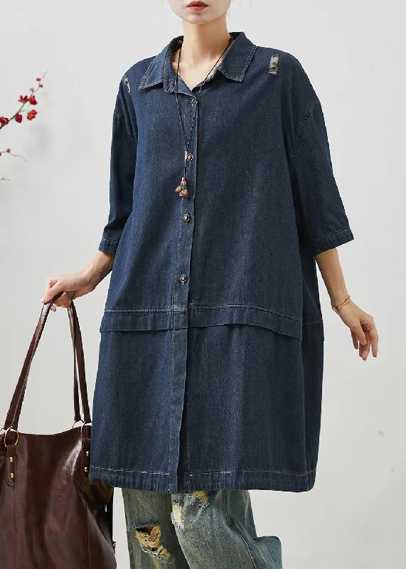 Soft Feel Unique Navy Oversized Patchwork Denim Ripped Coat Outwear Fall