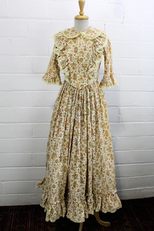 Trendy Dresses Vintage 1960s Floral Prairie Maxi Dress with Peter Pan Collar, Small