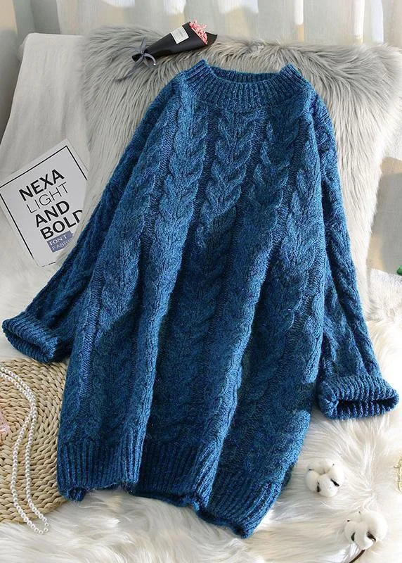 Stylish Fit Cute blue Sweater outfits Street Style thick o neck baggy knit dresses