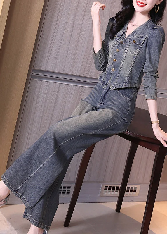 Stylish Fit New Blue V Neck Coat And Wide Leg Pants Denim Two Piece Set Spring