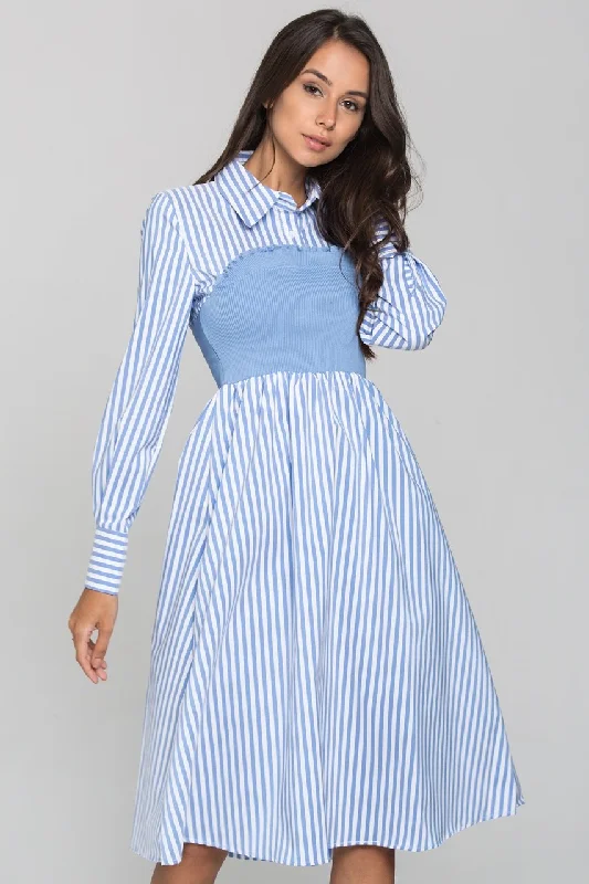 Comfortable Fashion Looks Blue Stripe Knit Panel Midi Shirt Dress