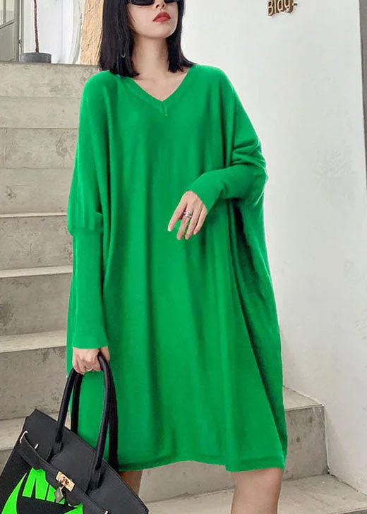 Soft Casuals French Green V Neck Patchwork Casual Fall Knitwear Dress