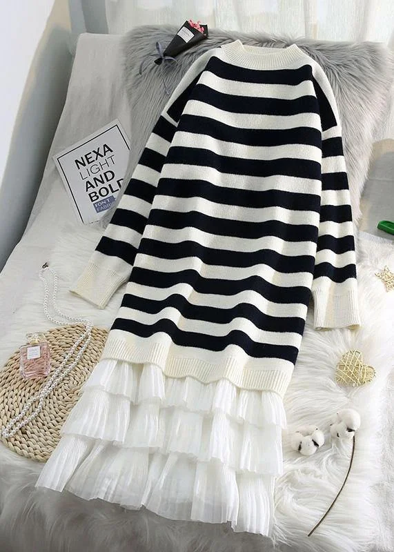 Casual Chic Looks Women striped Sweater weather fashion patchwork Fuzzy knit dress