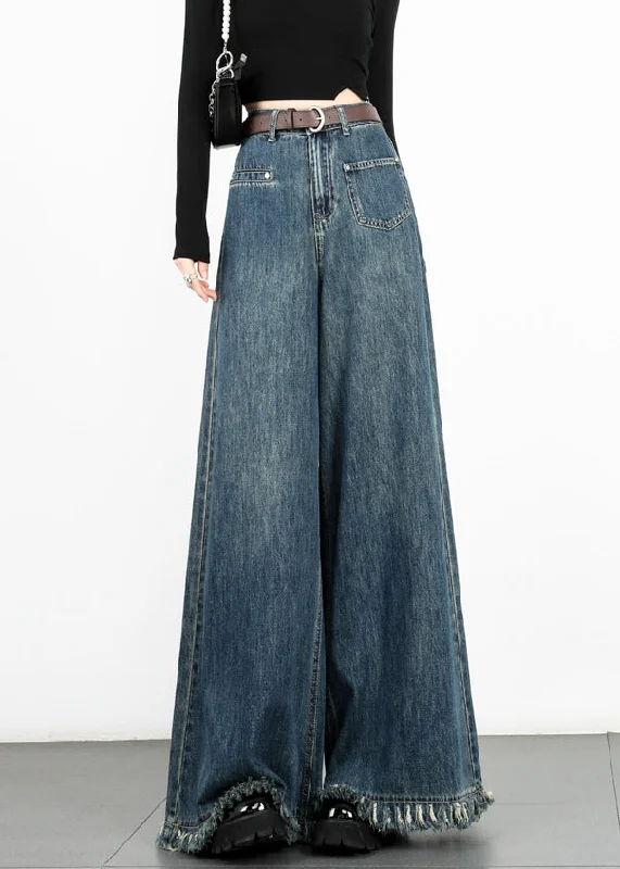 Cozy Outerwear Modern Blue Tasseled High Waist Denim Wide Leg Pants Fall