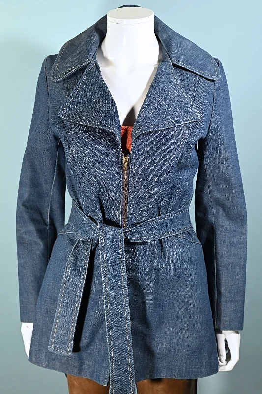 Relaxed Tops Vintage 60s/70s Denim Mini Coat, Hippie Mod Belted Denim Jacket S