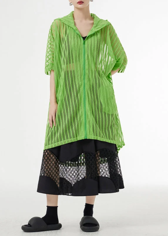 Breathable Style Plus Size Green Hooded Hollow Out Patchwork Tulle UPF 50+ Coat Half Sleeve Breathable Style Plus Size Green Hooded Hollow Out Patchwork Tulle UPF 50+ Coat Half Sleeve