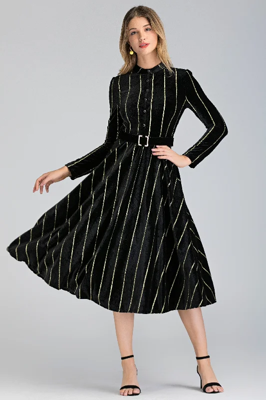 Elegant Casuals Black Velvet Gold Stripe Maxi Dress