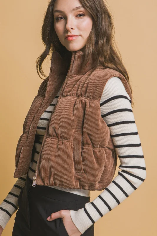 Trendy Looks Love Tree Corduroy Zip Up Puffer Vest with Pockets