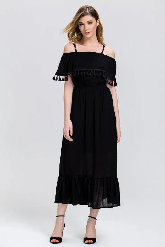 Comfortable Tops Black Tassel Trim off the Shoulder Summer Maxi Dress