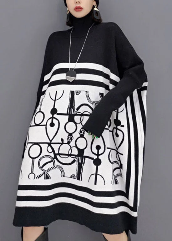 Effortless Looks DIY White Turtle Neck Print Knit Long Dresses Spring