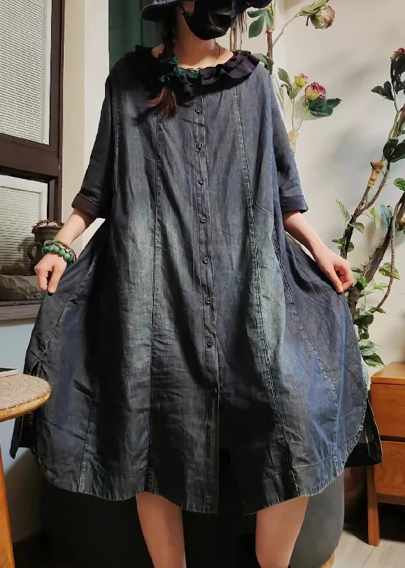 Easy Comfort Style Vintage Blue Button Pockets Denim Shirts Dress Half Sleeve