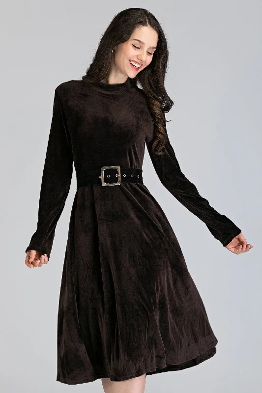 Relaxed Fashion Brown Velvet Sleeved Midi Dress