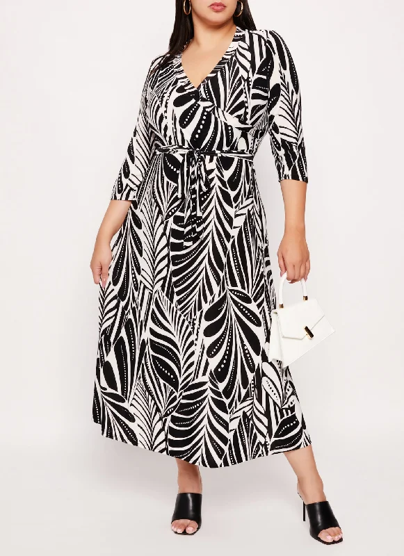 Comfortable Sweaters Plus Size Leaf Print Faux Wrap Dress