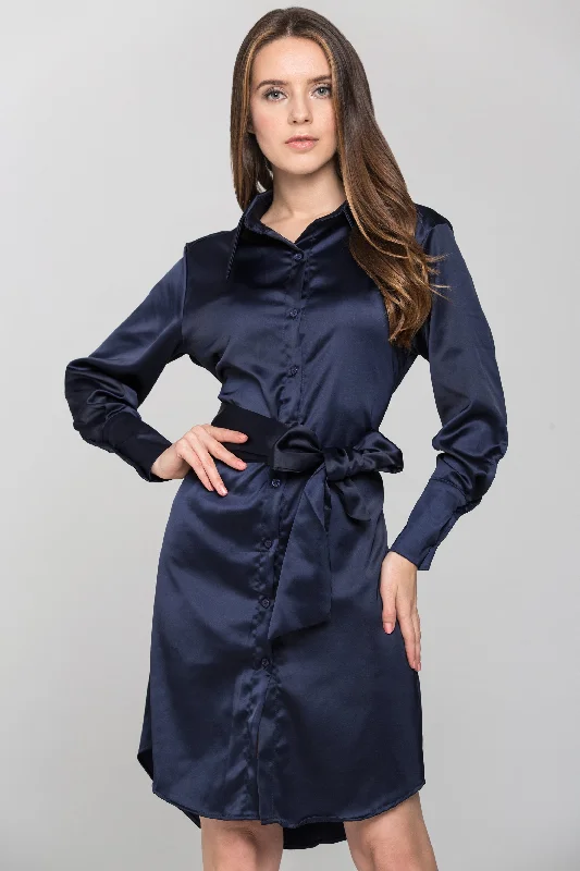 Timeless Style Blue Silk Tie Waist Shirt Midi Dress