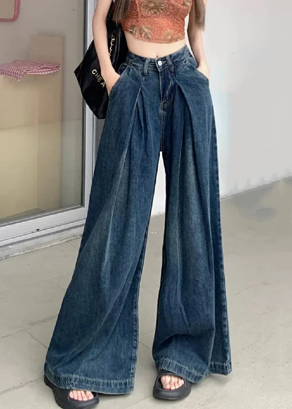 Breezy Comfort Modern Blue Wrinkled Pockets Denim Wide Leg Pants Summer
