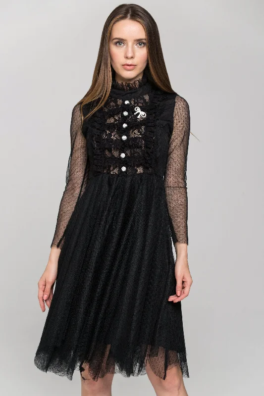 Timeless Outfits Black Sheer Sleeved Lace Bib Midi Dress