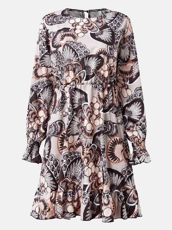 Simple Chic Women Retro Print round Neck Casual Long Shirred Sleeve Mini Dresses