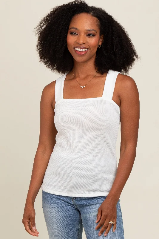 Soft Wearables Ivory Ribbed Square Neck Tank Top
