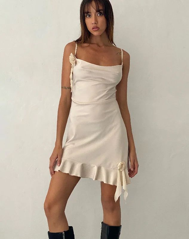 Layered Style Litera Ruffle Rosette Mini Dress in Cream