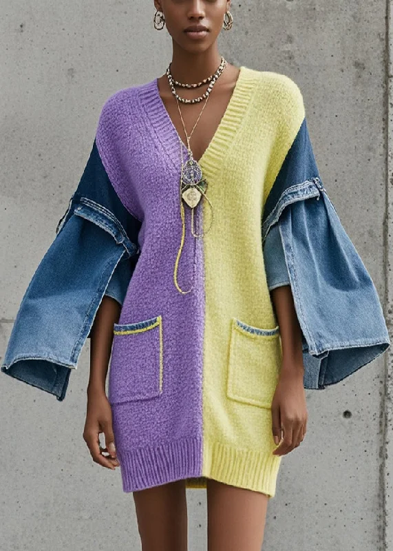 Relaxed Chic Chic Colorblock V Neck Patchwork Denim Sweater Dress Fall