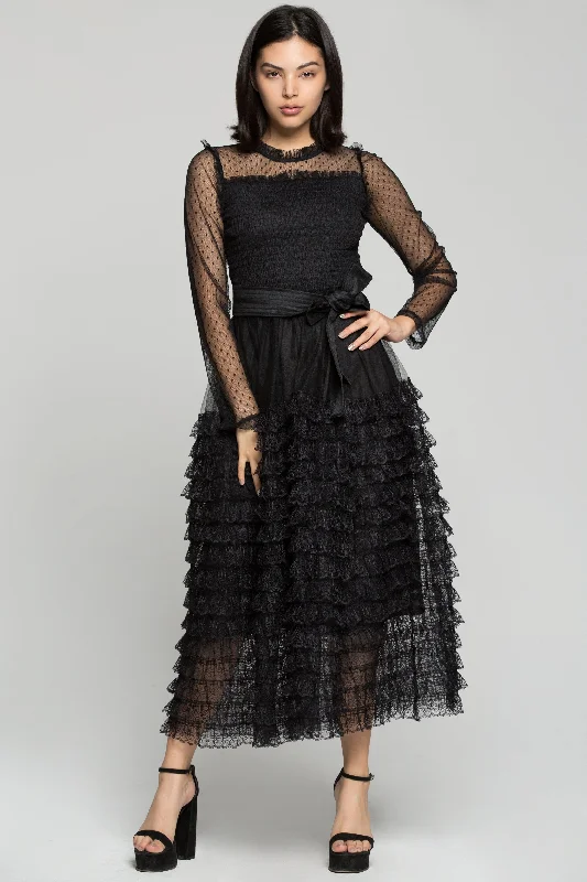 Soft Wearables Black Sheer Sleeves Tiered Ruffles Maxi Dress with Belt