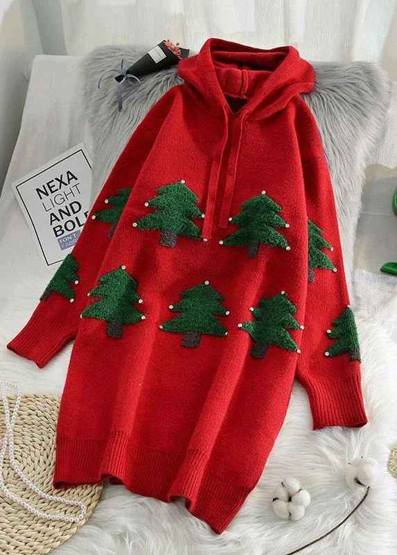 Modern Chic Fashion red Sweater weather Vintage hooded drawstring Hipster knitwear