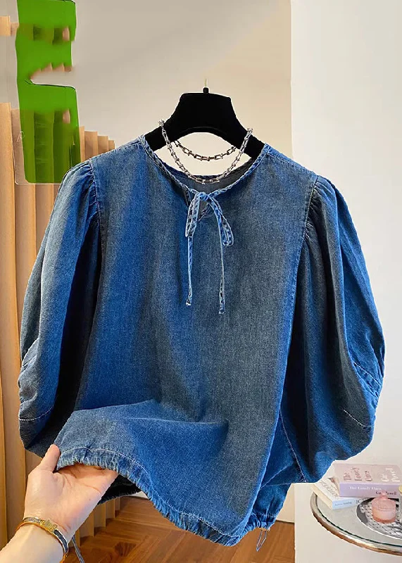 Cozy Lifestyle Vintage Denim Blue Patchwork Tie Lace Tops Summer