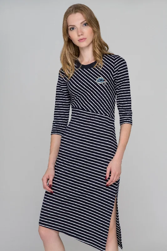 Effortless Looks Blue Eyes Asymmetric Striped Midi Dress