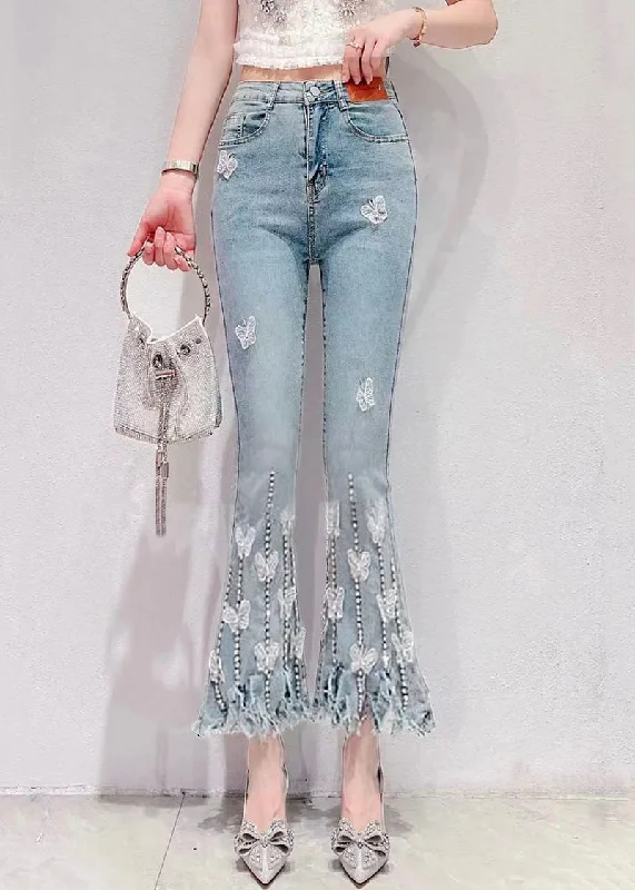 All-Day Style New Blue Zircon Pockets High Waist Denim Crop Pants Spring