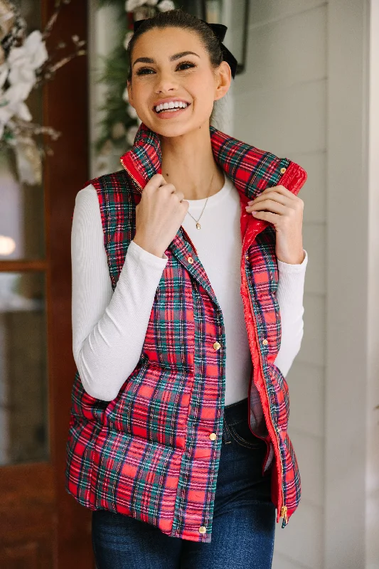 Relaxed Chic More The Merrier Red Tartan Plaid Puffer Vest