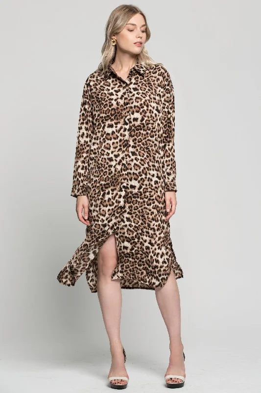 Cozy Chic Wear Cheetah Print Oversized Shirt Dress