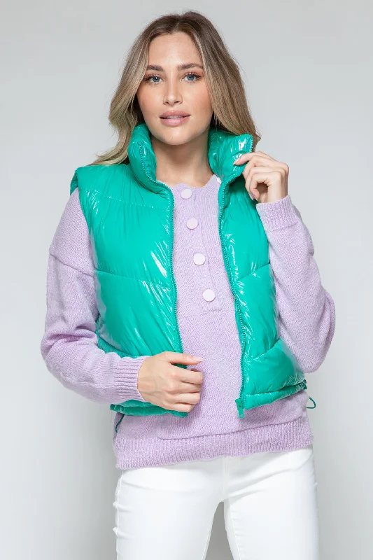 Trendy Looks Snobbish Zip Up Turtleneck Shiny Quilted Vest
