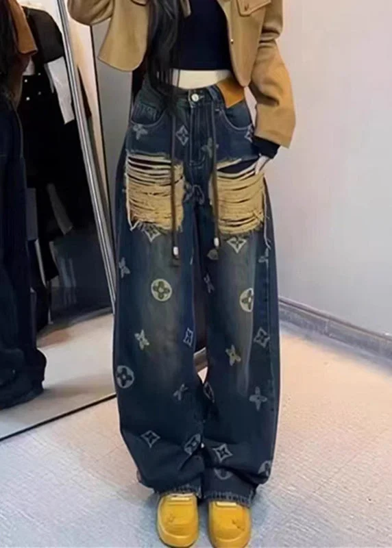 Urban Chic New Ripped Printed Denim Straight Leg Pants For Spring