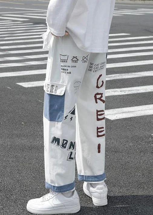 Soft Tops New White Print Pockets High Waist Denim Mens Crop Pants Fall