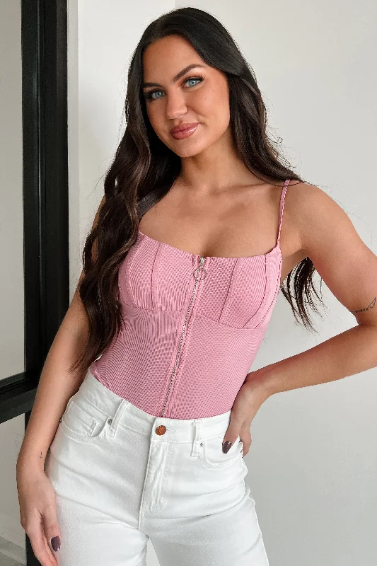 Relaxed Looks Blushing For You Ribbed Zipper Bodysuit (Candy Pink)
