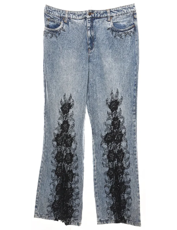Relaxed Fashion Light Wash Beaded Y2K Patterned Jeans - W36 L30