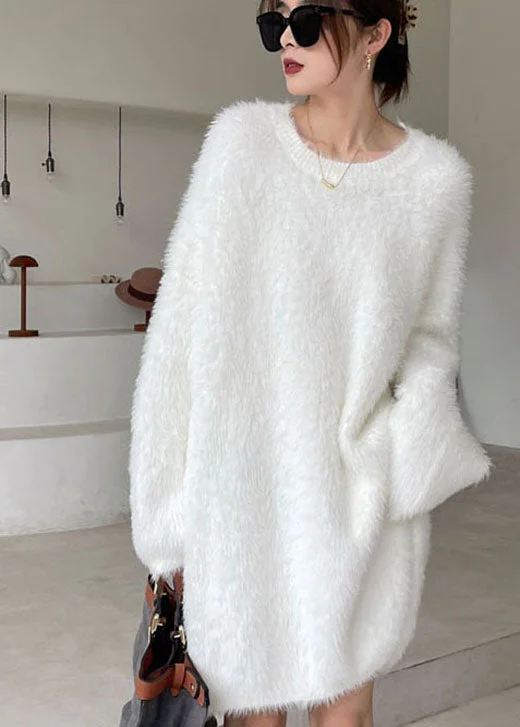 Casual Chic Outfits Organic White V Neck Mink Hair Knitted Sweater Dress Winter
