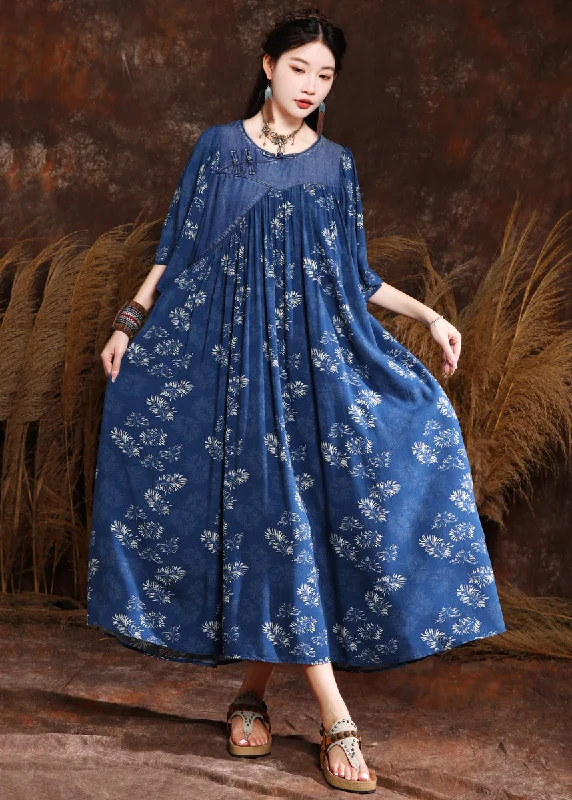 Comfortable Fashion Looks French Blue Print Wrinkled Denim Long Dress Half Sleeve