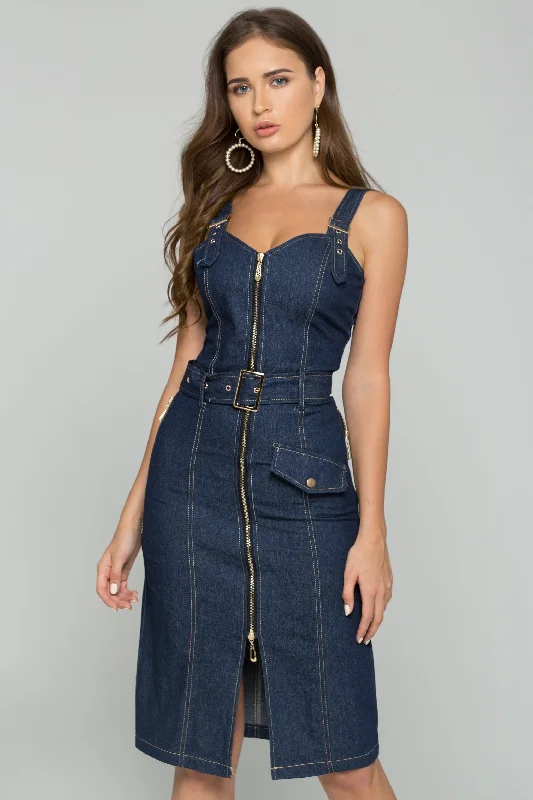 Elegant Dressing Blue Denim Belt Strap Front Zipper Sundress