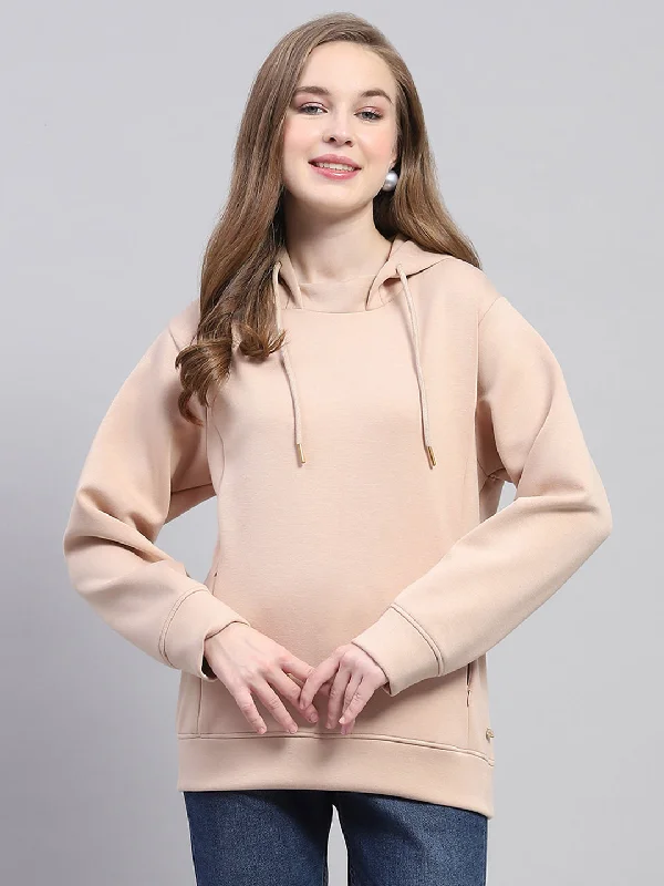 Casual Chic Outfits Women Beige Solid Hooded Full Sleeve Sweatshirt
