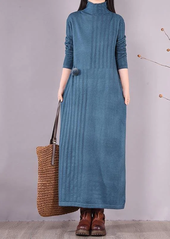 Easy Chic Wear Handmade Blue Dresses High Neck Long Spring Dresses