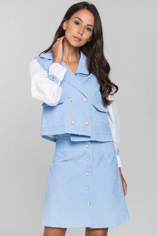 Soft Textures Blue Chord and White Sleeves Blazer and Skirt Set