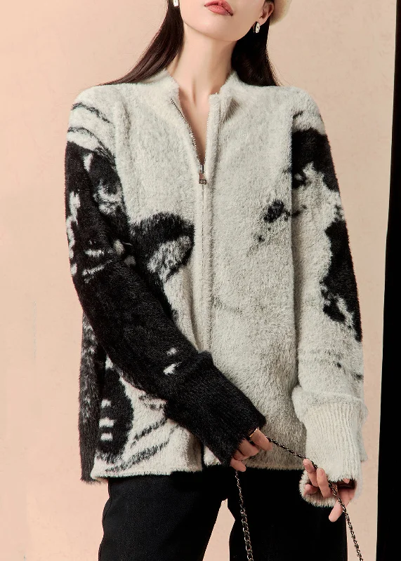 Urban Chic Art Grey Zip Up Patchwork Cotton Knit Coat Winter